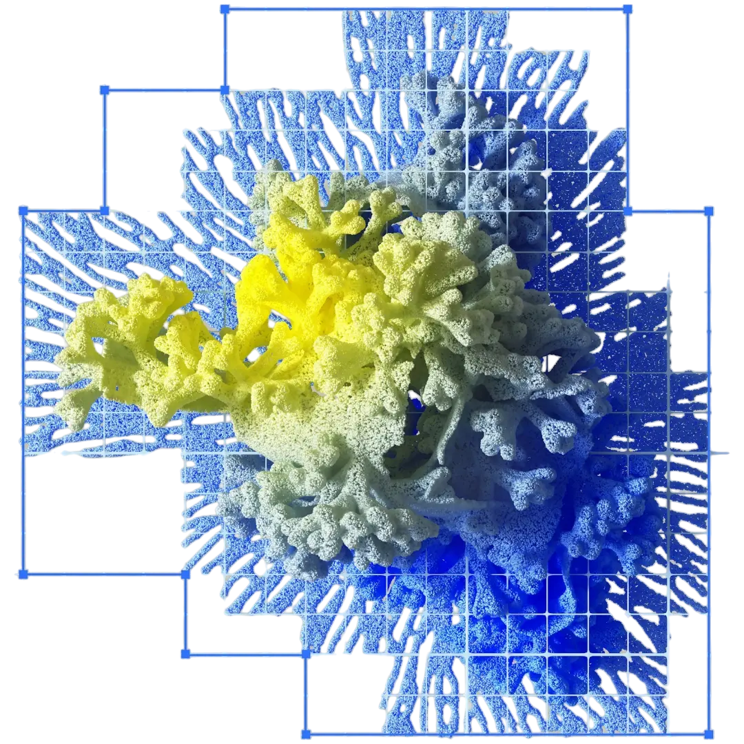 Abstract yellow and blue form with a digital grid pattern